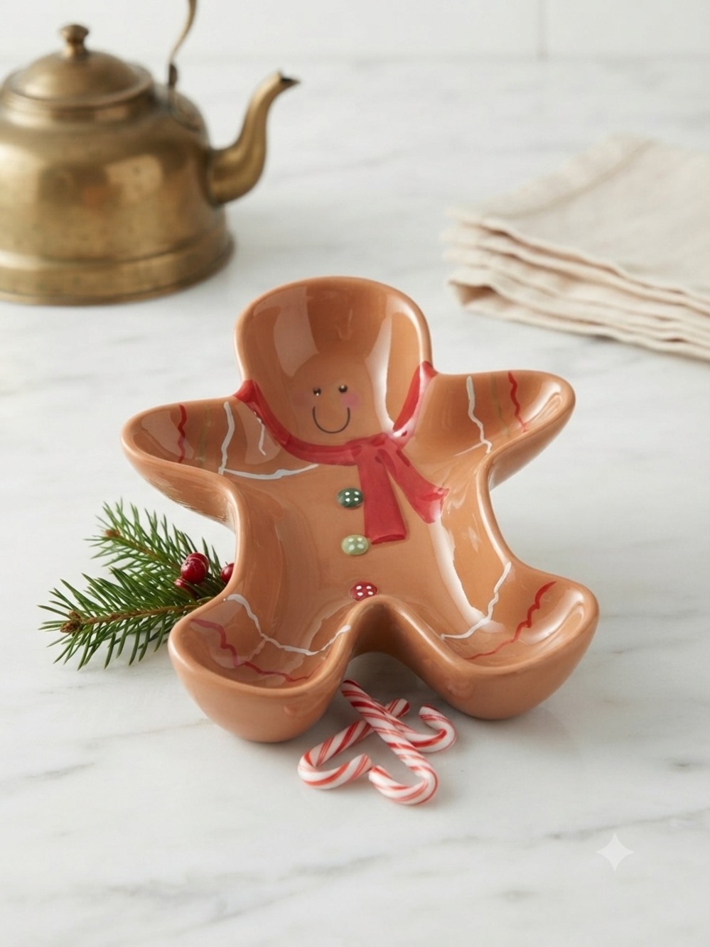 Gingerbread Man Shaped Serving Dish - Brown with Red Accents